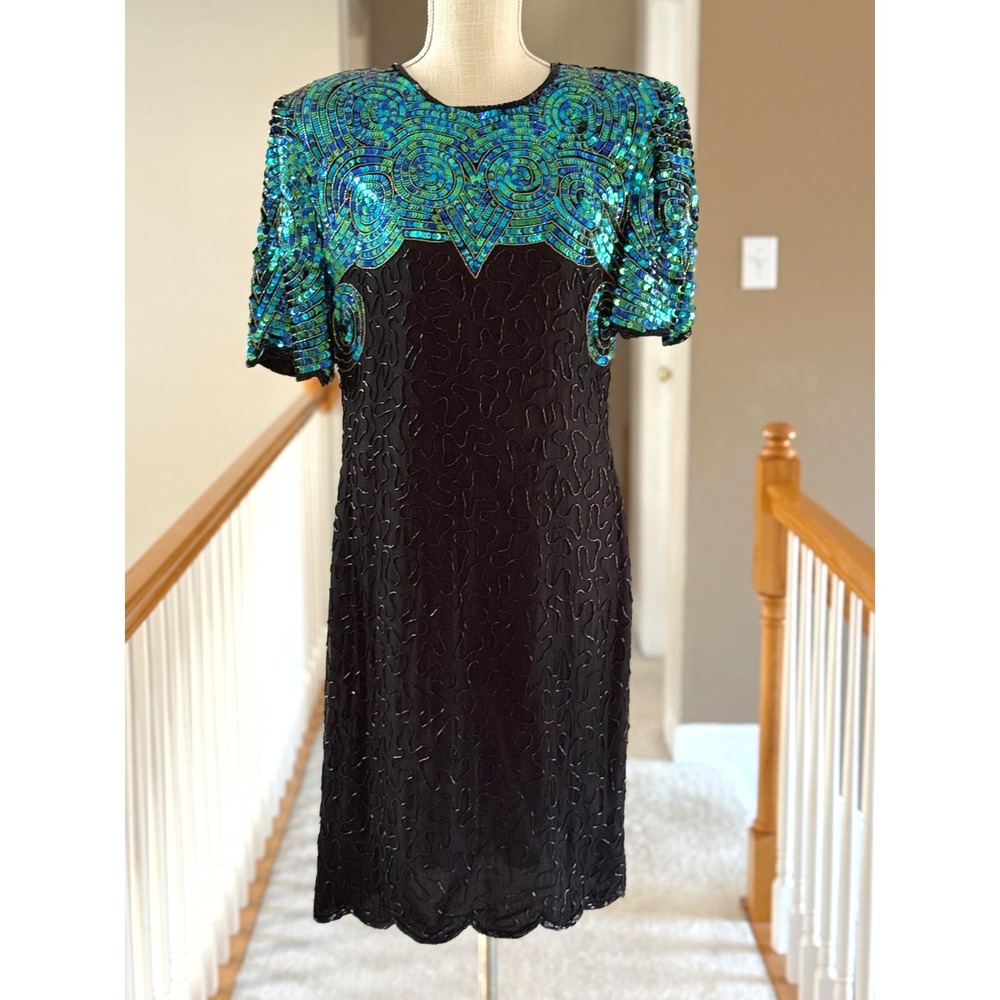 Denise Elle Vintage Silk Sequin Beaded Dress Black Teal Green Shoulder Pads L